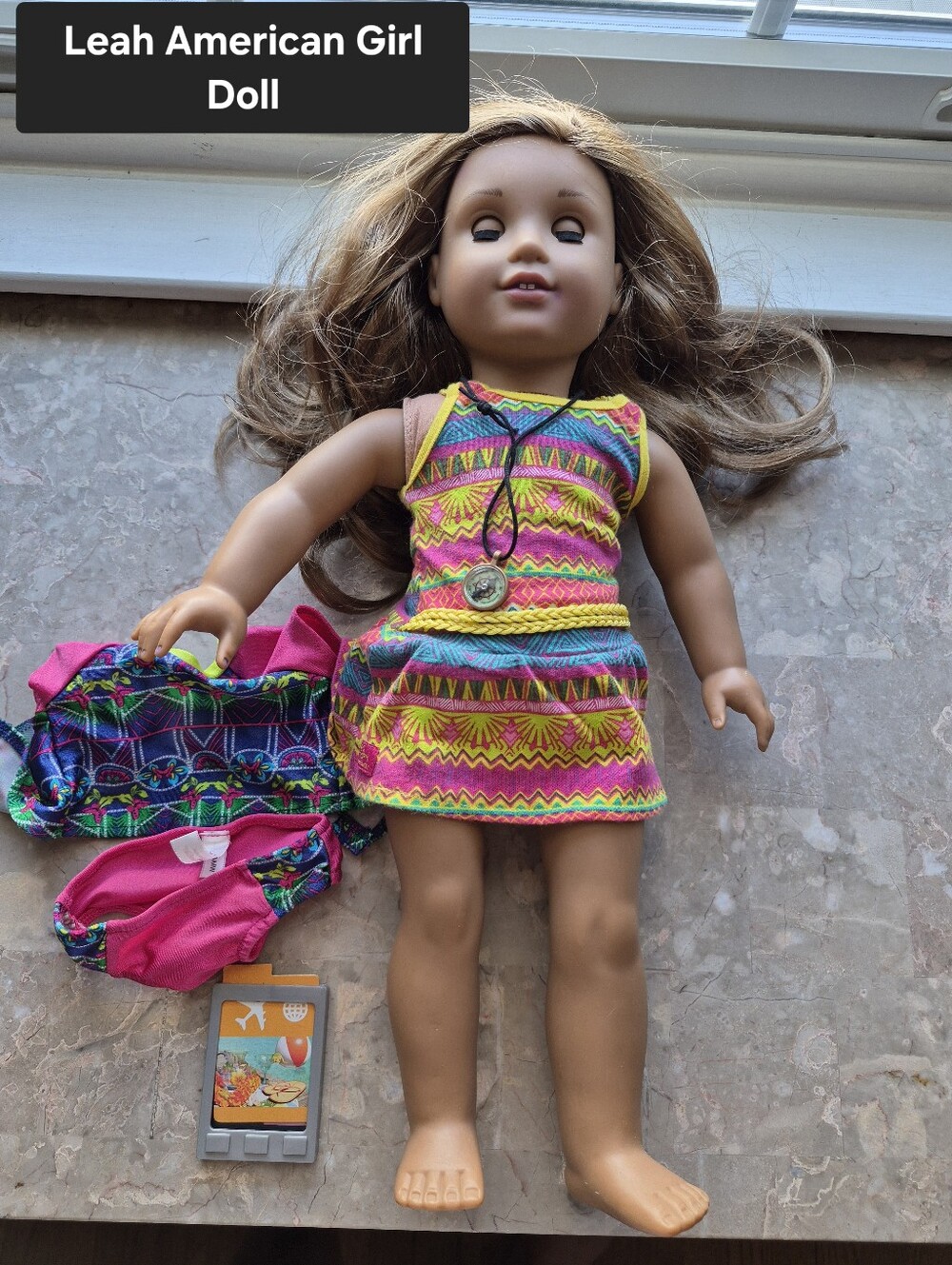 2014 American Girl Leah Doll with Bright Pink, Yellow & Blue Patterned Outfit
